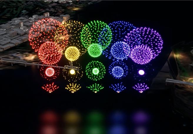 跨河烟火烟火秀海上首创「五色牡丹」模拟画面。（高滩处提供）