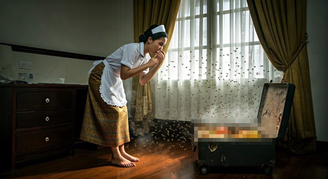 柬埔寨的某间大陆人经营的宾馆内，打扫人员发现恶臭行李箱，查看惊见遭分尸杀害的男子尸体，随后报警。（示意图、与本案无关／AI生成）