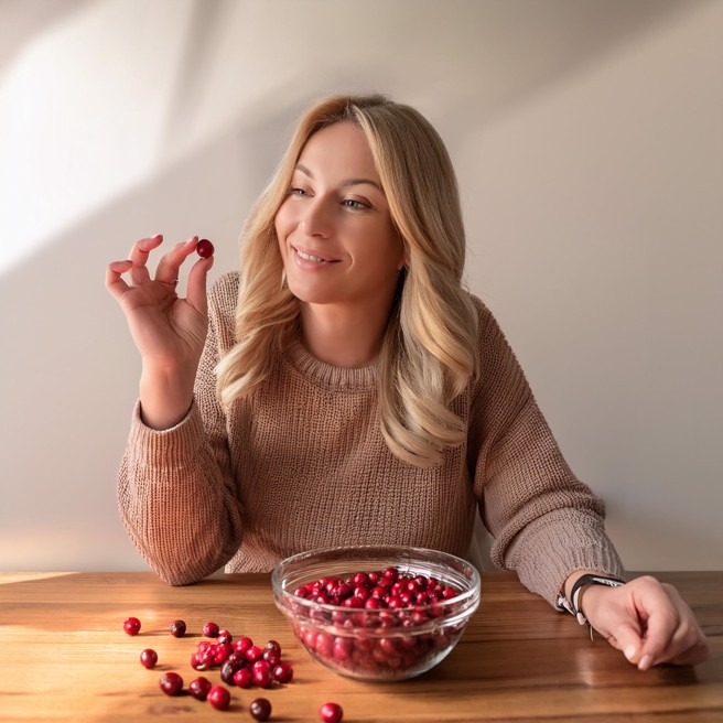 金髮貴婦一顆顆吃著蔓越莓。（太陽星提供）