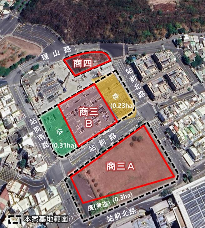 「左營高鐵科技之心公辦都更案」共分成商三A、B基地及商四等3塊基地，總開發量體近8萬坪。（高市財政局提供）