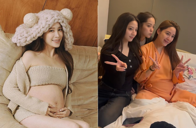 欧阳妮妮跨年全家到齐陪产，傅娟惊嘆她「天选妈妈」。（图／IG@欧阳妮妮、小红书 傅娟）