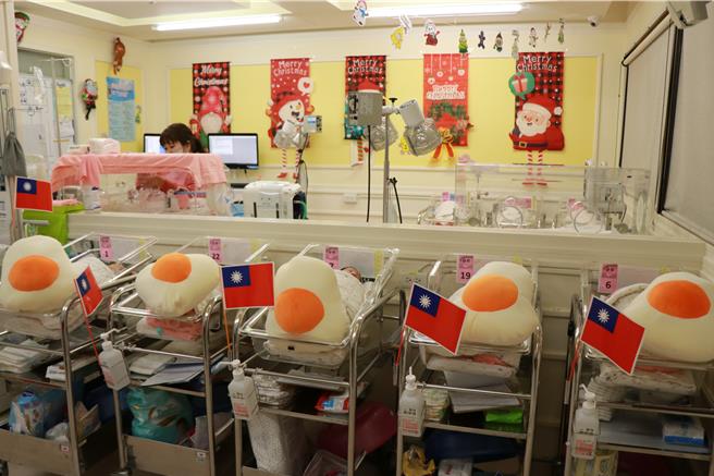 为迎接元旦宝宝，茂盛医院特别送上可爱的「荷包蛋」造型抱枕，并在婴儿室布置小国旗。（茂盛医院提供／冯宜台中传真）
