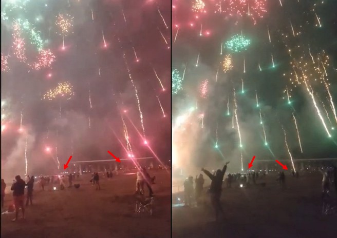 昨天跨年夜很多民眾跑到八里河岸边看烟火，但火星掉落在人群中（箭头处）相当惊险。（翻摄爆料公社）