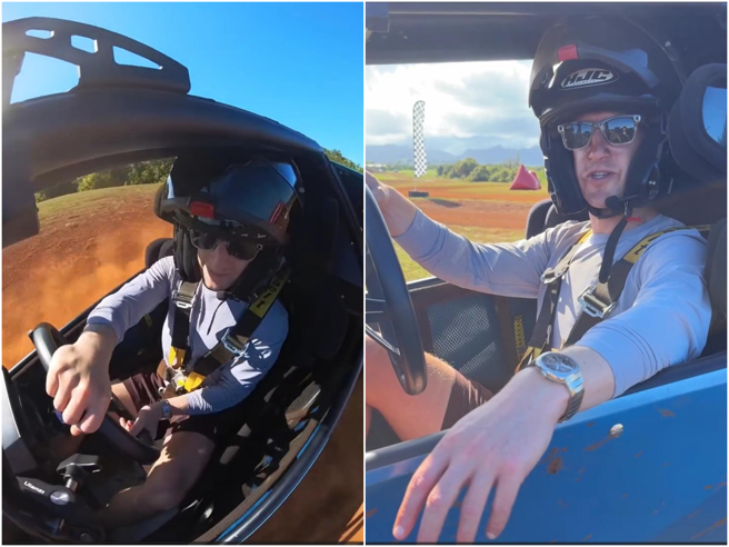 祖克柏试戴自家研发的新款Ray-Ban Meta智慧眼镜驾驶越野车竞速，手腕配戴亨利慕时疾速者陀飞轮镂空腕表。（翻摄自Zukerberg IG影片）