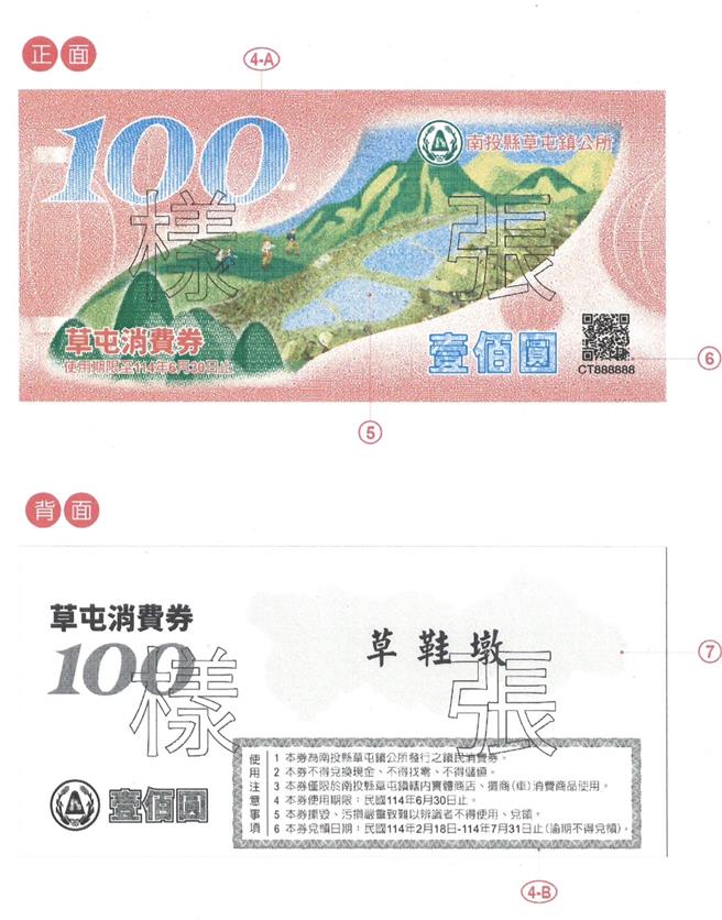 草屯镇消费券每张面额为100元，正反面设有7处防偽措施。（草屯镇公所提供／杨静茹南投传真）
