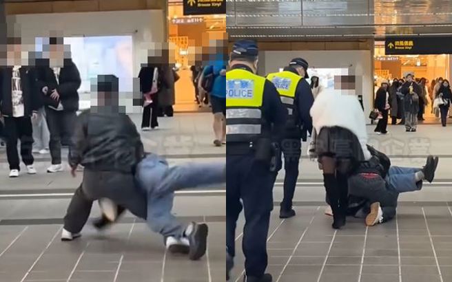 有位女子於跨年夜在捷運站被偷拍，一旁的男伴以「大外割」將偷拍男撂倒順利逮人。（圖／翻攝自黑色豪門企業）