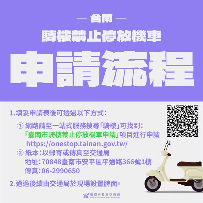 台南市元旦起有條件開放機慢車停放騎樓，但如果建築物所有權人無意願開放，得申請禁止停車。（台南市交通局）
