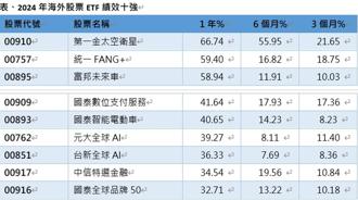 2024年海外ETF前十強出爐 00910飆漲66.74％居冠
