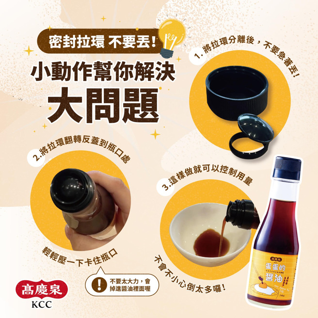 高庆泉分享酱油瓶上密封拉环的正确用途。（翻摄高庆泉脸书）