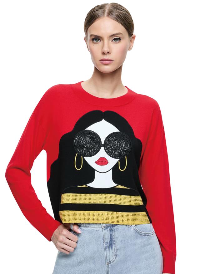 SOGO復兴馆alice＋olivia GLEESON Stacey Face钻饰点缀毛衣，原价1万8900元、特价1万7010元。（SOGO提供）