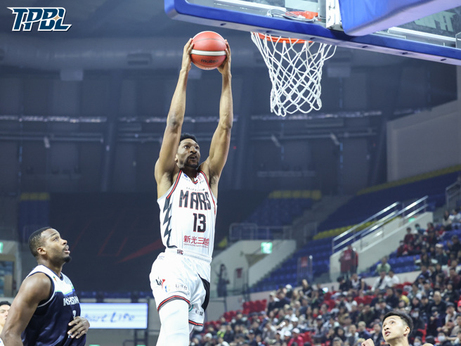 台北台新戰神米勒(中)大秀灌籃美技,全場貢獻22分、14籃板,助隊在主場100比90擊退高雄全家海神。(TPBL提供)