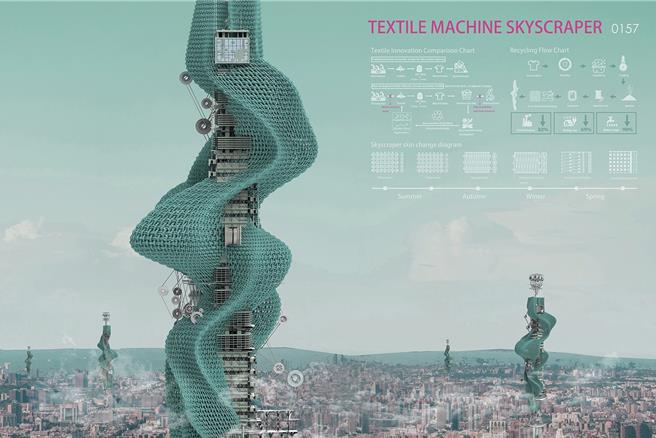 台科大學生的劉子謙作品《編織機摩天樓(Textile Machine Skyscraper)》，將廢棄紡織品轉化為建築外立面材料，探討廢棄物回收與建築設計的互動關係。（台科大提供／林志成台北傳真）