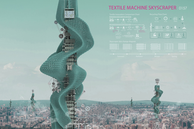 劉子謙作品《編織機摩天樓(Textile Machine Skyscraper)》將廢棄紡織品轉化為建築外立面材料，探討廢棄物回收與建築設計的互動關係。(照片/臺灣科技大學提供)
