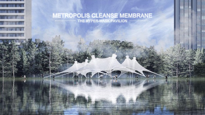 施善譯表示，擺脫疫情回歸正常生活時，多餘的口罩是造成大量的資源浪費，因此才有將口罩廢材重新回收製成城市空氣清淨器《大都會淨化膜系統(Metropolis Cleanse Membrane)》的發想。(照片/臺灣科技大學提供)