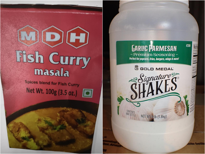 「马婕恩国际有限公司」自阿拉伯联合大公国输入的综合香料粉（左图），共60公斤，检出残2种农药残留不合格，必须在边境退运或销毁；1批自美国进口蒜味帕玛森风味粉（右图），在边境检出农药环氧乙烷0.4ppm，共5.4公斤须退运或销毁。（食药署提供）