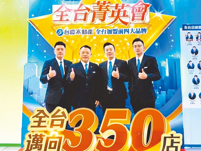 台庆不动产店东张晋嘉（右二）跟着加盟总部「专营商办」策略，团队创造8千万业绩。（永庆房产集团提供）
