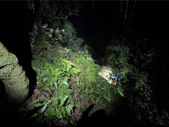桃園市復興區東眼山附近密林發生1起離奇受事件，約50歲蔡姓男子及蕭姓約40歲女子與2隻狗，6日疑似為省下東眼山門票費用，預從山與山間的密林穿越，受困庫志山區與東眼山間的道路邊坡。（消防局提供／廖姮玥桃園傳真）