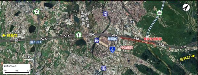 桃园交流道增设北上匯入匝道衔接五杨高架区位图。(交通局提供／蔡依珍桃园传真)