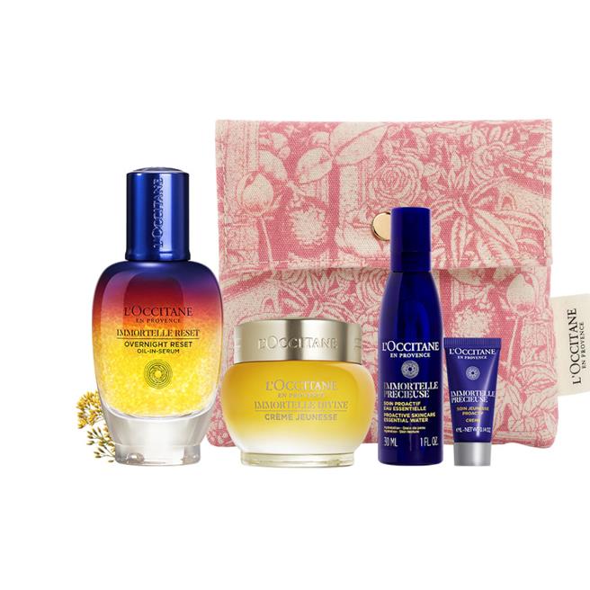  新竹大远百欧舒丹渗透润泽赋活组，含光萃肌活露50ml、蜡菊赋活极萃霜50ml、蜡菊精华露30ml、蜡菊精华霜4ml、奇幻之旅迷你零钱包，售价9366元，特价8540元。（远百提供）