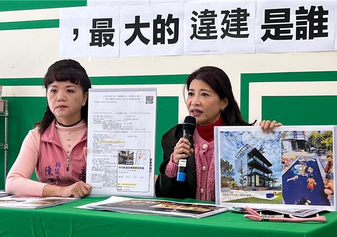 民进党南投县党部主委陈玉铃、立委林楚茵9日在候选人蔡铭轩竞选总部开记者会，指控对手简赐胜家族经营的「阳光会馆」民宿是违建。（杨静茹摄）