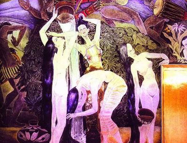 据传香港企业家霍英东每回到北京都要留意首都机场这幅有裸女的壁画还在不在，只要壁画还在，他的心里就踏实了。图为壁画中的裸女图。（图／凤凰网）