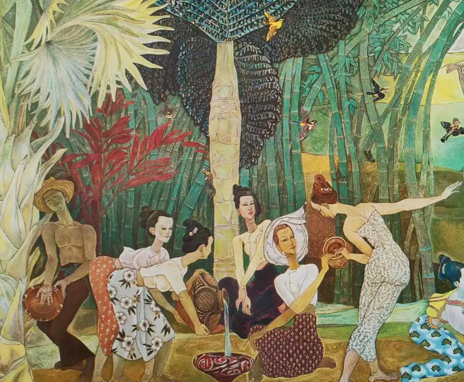 北京首都机场壁画《泼水节——生命的讚歌》有女性裸露沐浴图，最后是邓小平拍板才通过审查。（图／凤凰网）