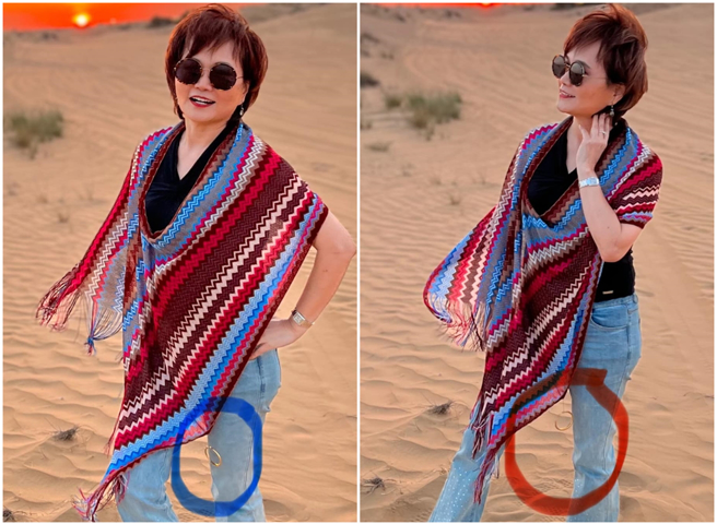 65歲前資深主播沈春華近日前往杜拜旅遊，不慎將自己的金色手環遺失在沙漠中。（圖／攝自FB@沈春華 Live Show）