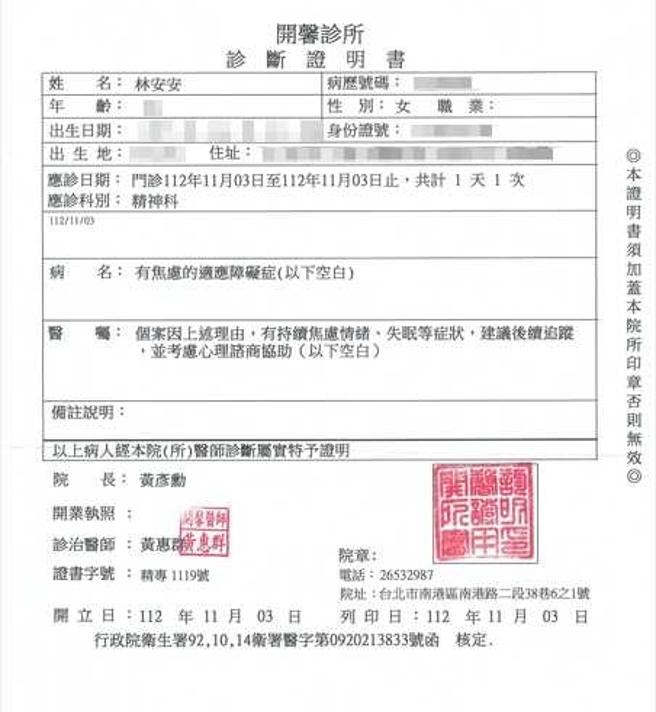 林安安不堪长期的职场霸凌罹患焦虑症，至今仍活在阴影中需靠药物缓解病症。（图／民眾提供）