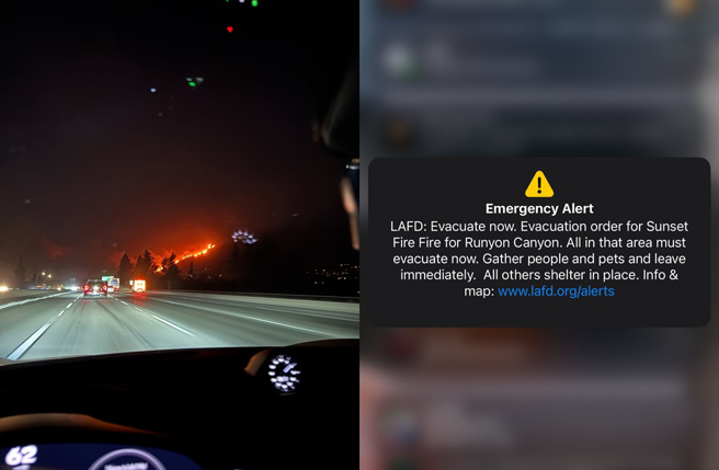 洛杉矶到处都看得到火花，同时，贝克宇也有收到警报。（图／翻摄自贝克宇脸书）