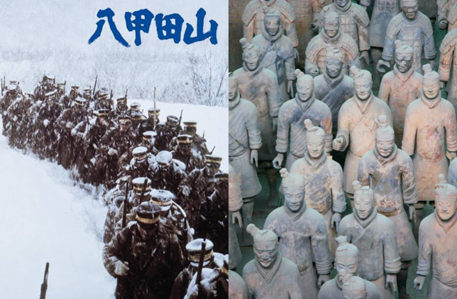 不少网友第一眼想到日本电影《八甲田山》以及大陆的兵马俑画面。（图／翻摄X）