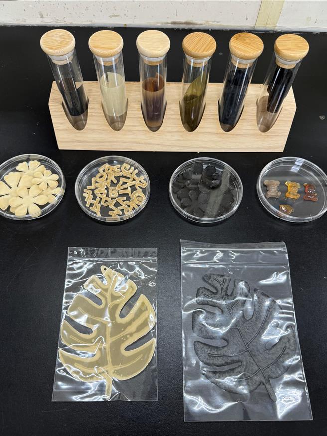 中山大学环工所教授张耿崚研究团队以不同农业废弃物为基底制备而成的各式生物塑胶。（中山大学提供／郭良杰高雄传真）