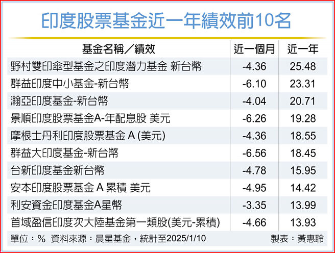 印度股票基金近一年績效前10名
