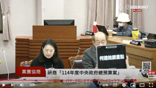 藍委徐巧芯在黨團協商時，用平板對著直播鏡頭秀出「柯建銘講重點」。（截自中時新聞網直播）