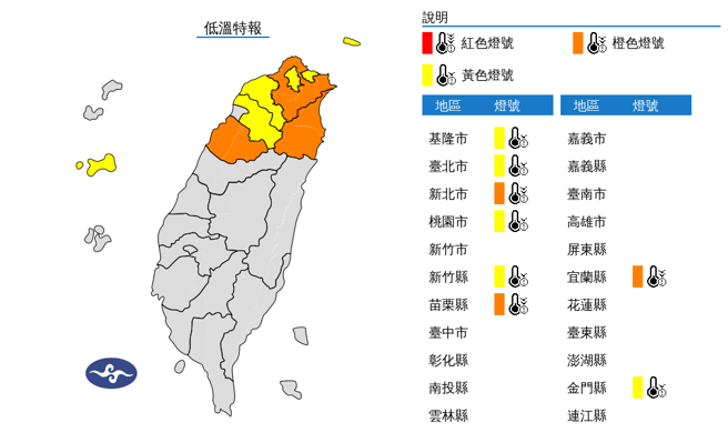 氣象署發布低溫特報。（圖／氣象署提供）