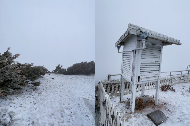 玉山观测站在15日下午3点50分开始降雪。（图／气象署提供）