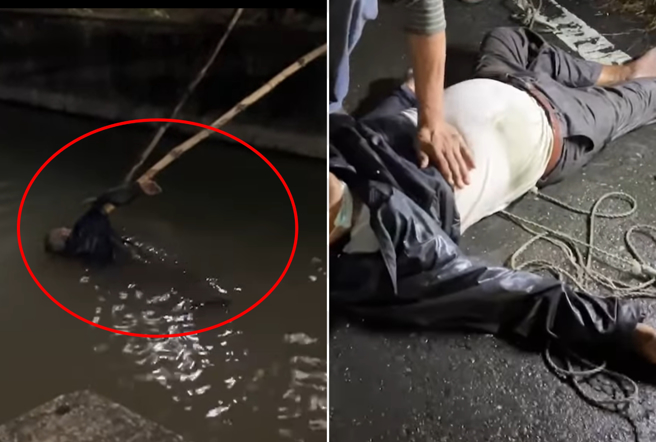 高雄大寮一名老翁騎車不慎自摔，跌落排水溝，路過民眾見狀合力將人撈起。（翻攝大寮在地人大小事臉書）