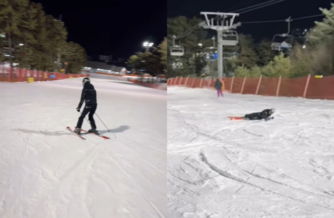 天心滑雪惊传摔倒意外，双腿大片瘀青伤势曝光。（图／IG@skyheart1111）