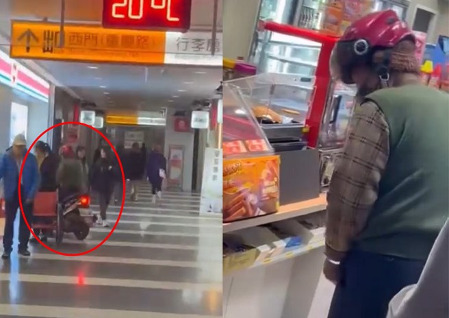 一名老伯骑车进入屏东火车站内，直接停在便利商店门口进入买东西，被学生录影PO网直呼夸张。（翻摄记者爆料网）