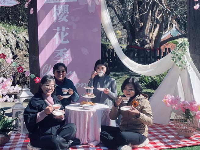 云林县府文化观光处今（17日）举行樱花季宣传记者会，模拟樱花树下喝咖啡的惬意心情，右一示现长张丽善。（周丽兰摄）
