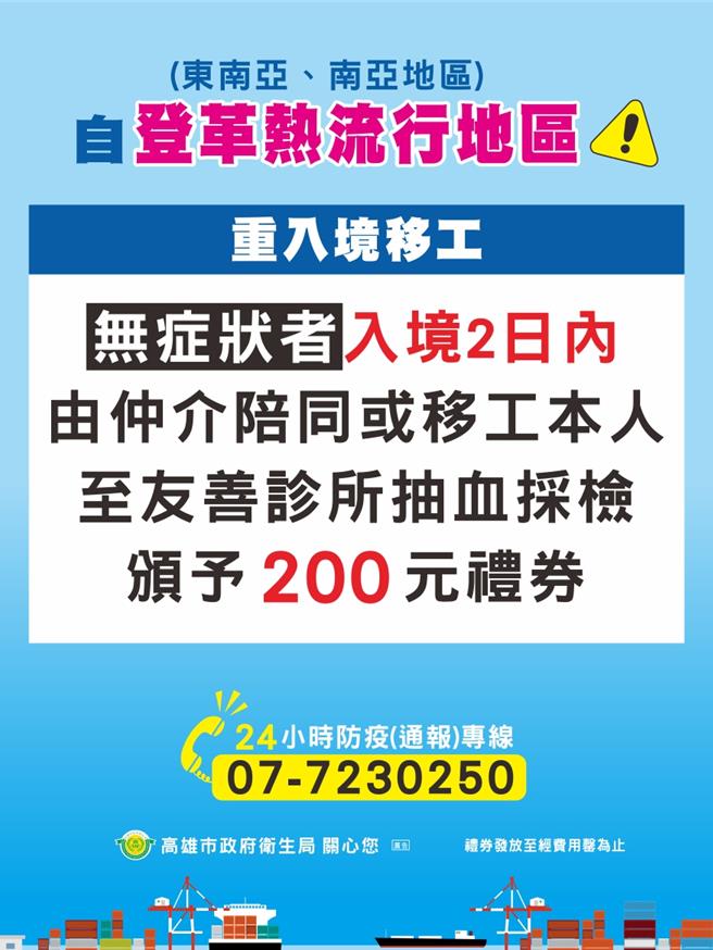 无症状者入境2日内由仲介陪同或移工本人至友善诊所抽血採检，将可获得200元礼券。（卫生局提供／纪爰高雄传真）
