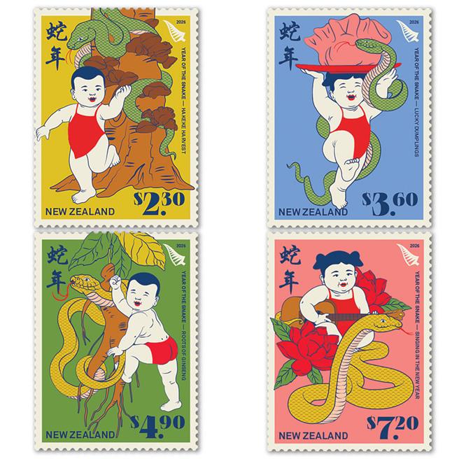 世界各地蛇年生肖邮票出炉。图为纽西兰蛇年邮票。（大陆央视）