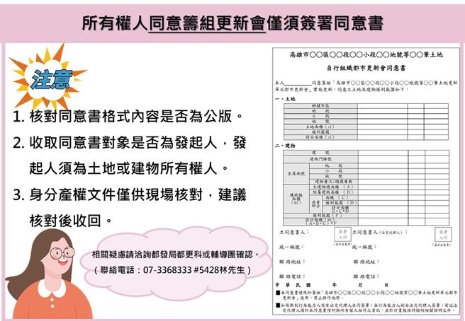 所有权人同意筹组更新会仅需签署同意书。（都发局提供／纪爰高雄传真）