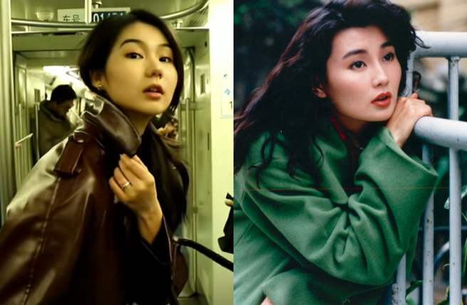 新疆正妹伊伊伊（左）神似女神张曼玉，模仿王家卫电影被网友讚爆。（图／抖音 伊伊伊、中时资料照）