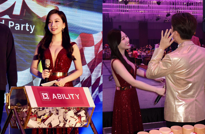 蔡尚桦主持尾牙祭出最辣造型，深V开到肚脐、美背全露网暴动。（图／脸书 蔡尚桦）