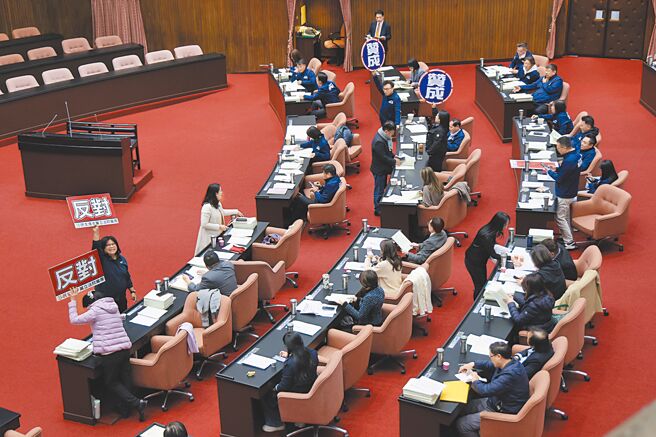 立法院17日院会处理中央政府总预算案通案项目并进行表决，国民党、民眾党以人数优势通过蓝白党团提案，民进党团虽高举「反对」，但仍无力阻挡。（姚志平摄）