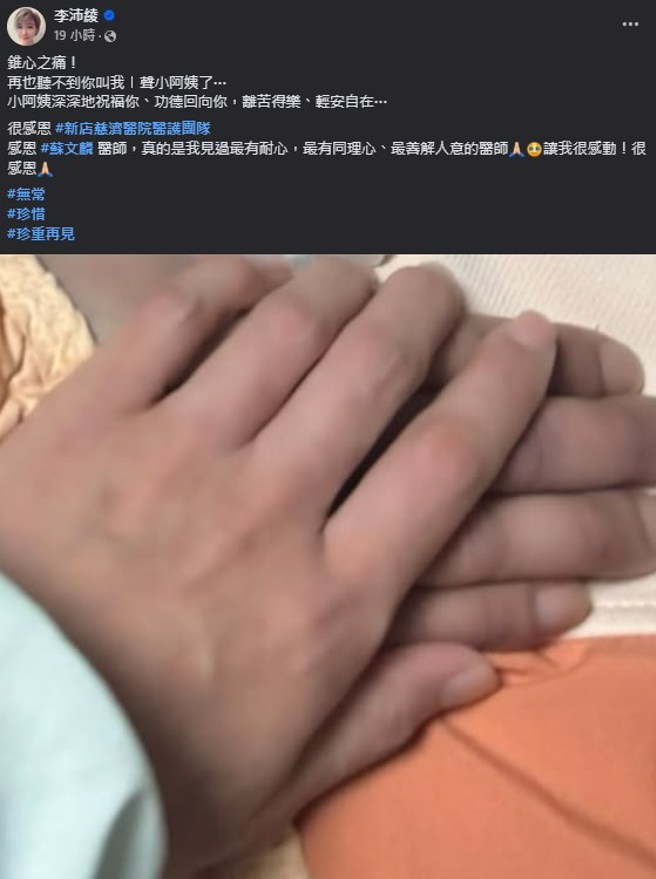 李沛绫公开侄子病逝的噩耗。（图／李沛绫脸书）