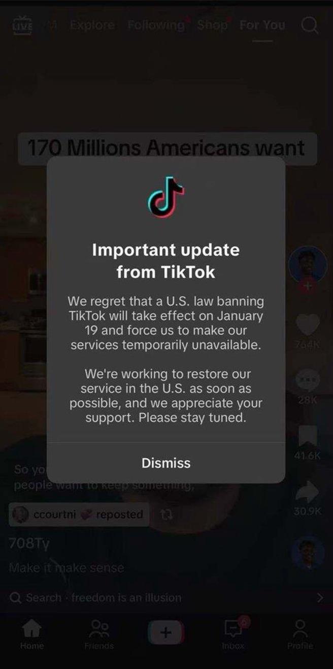 面对禁令19号正式生效，大陆TikTok已通知美国使用者将暂停服务。（截自TikTok平台）