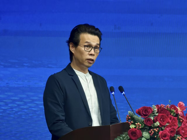 台湾学者、福州外语外贸学院金融学院副院长简逢陞在两岸知识产权服务标准共通活动福州启动会上发言。　（作者提供）