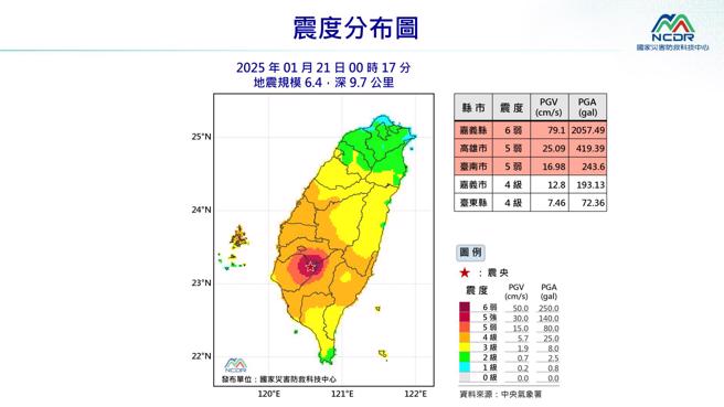 嘉义大埔发生规模6.4地震。（图／国家灾害防救科技中心）