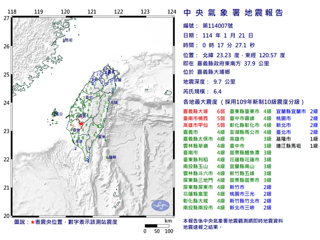 21日0时17分的嘉义大埔规模6.4地震，与61年前白河大地震经纬度几乎相同。(图／气象署)